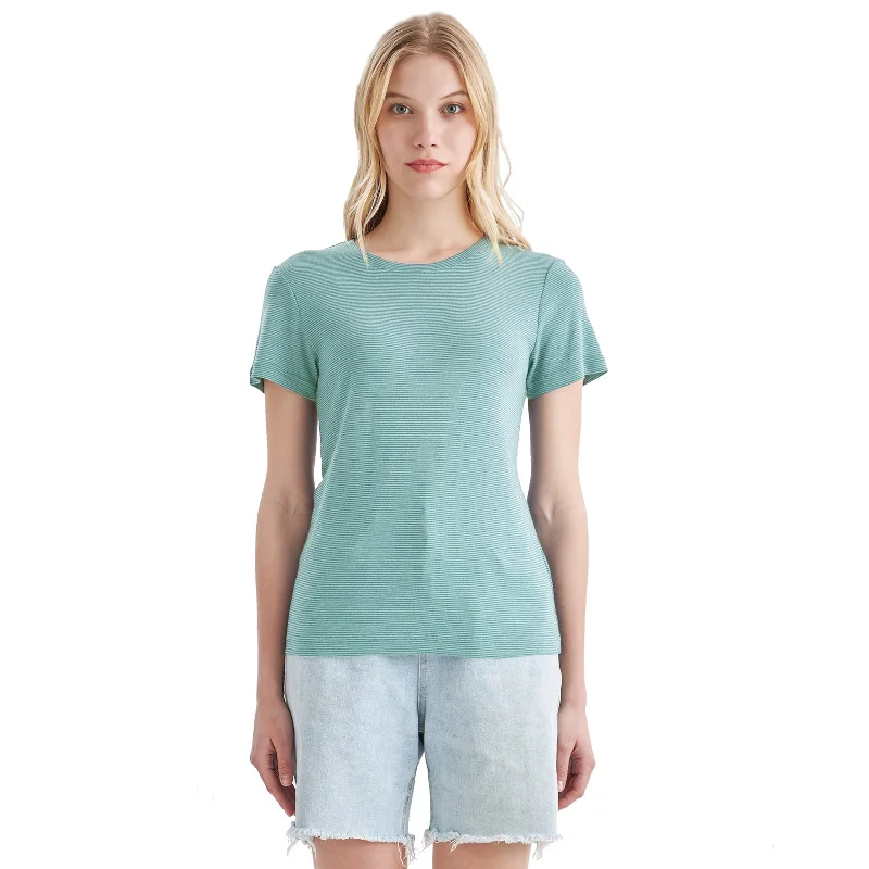  Refined Women's VelvetWomen's Merino 200g Short Sleeve T-Shirt Light Dusty Teal Stripes