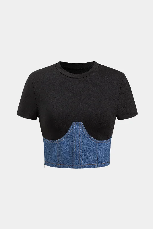  Earthy Women's Denim Patchwork Zipper Short Sleeve T-Shirt