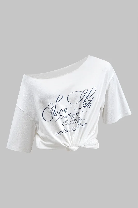  FrenchLetter Print Asymmetry Neck Short Sleeve T-Shirt