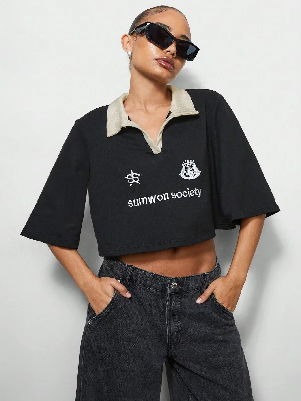  Elegant Women's SUMWON WOMEN Street Polo Neck Boxy Crop T-Shirt With Front Embroidery