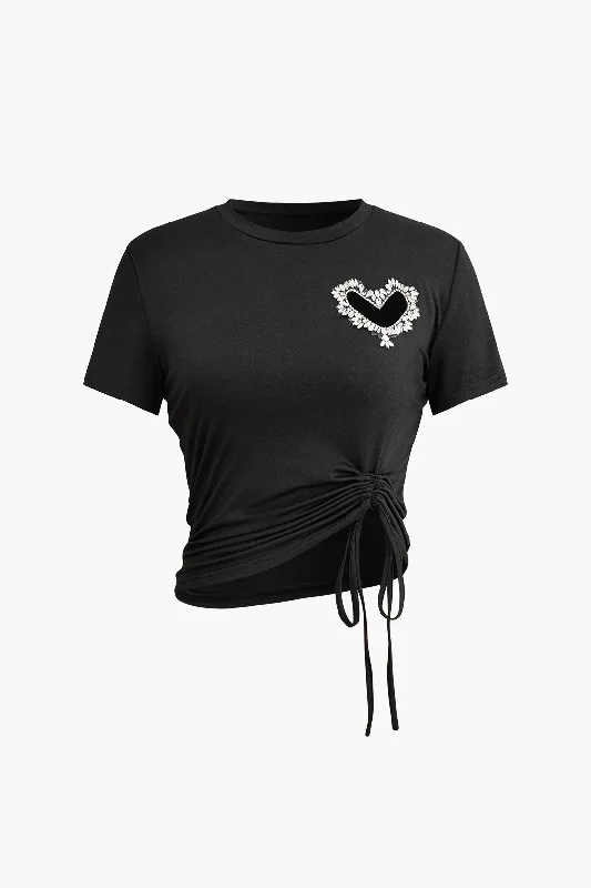  Modern Women's Heart Rhinestone Hollow Out Drawstring Ruched T-shirt