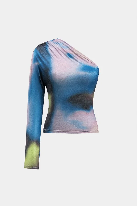  Contemporary Tie Dye Print Ruched One Shoulder Long Sleeve T-Shirt