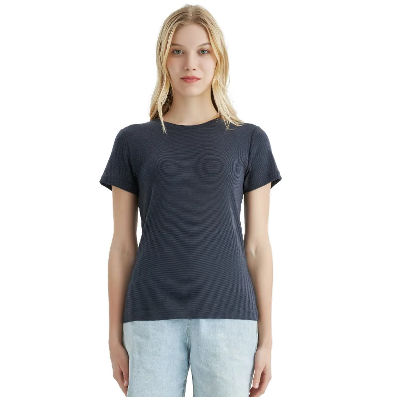  PatchworkWomen's Merino 200g Short Sleeve T-Shirt Black Gray Stripes