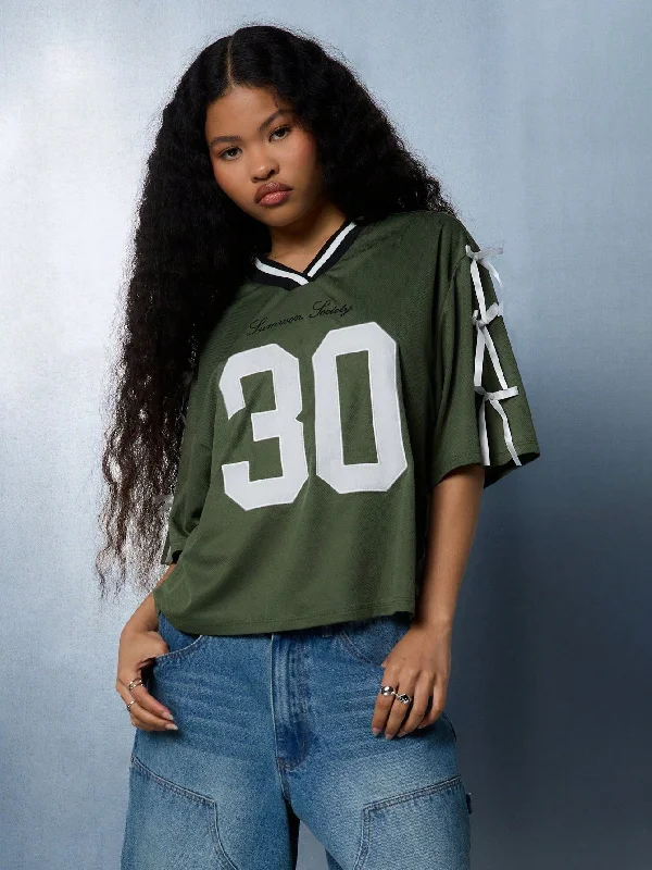  Cozy Women's Sherpa - linedSUMWON WOMEN Street Retro Athletic Varsity Jersey St. Patrick'S Day Lucky Number 30 Crop Top With Lace-Up Sleeves Green Shamrock Sports Team Irish-Themed Casual Holiday Shirt