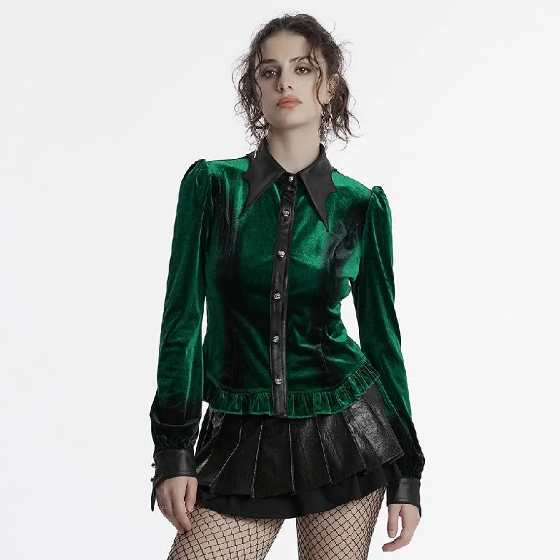  Traditional Women's Women's Gothic Puff Sleeved Gradient Velvet Shirt Green