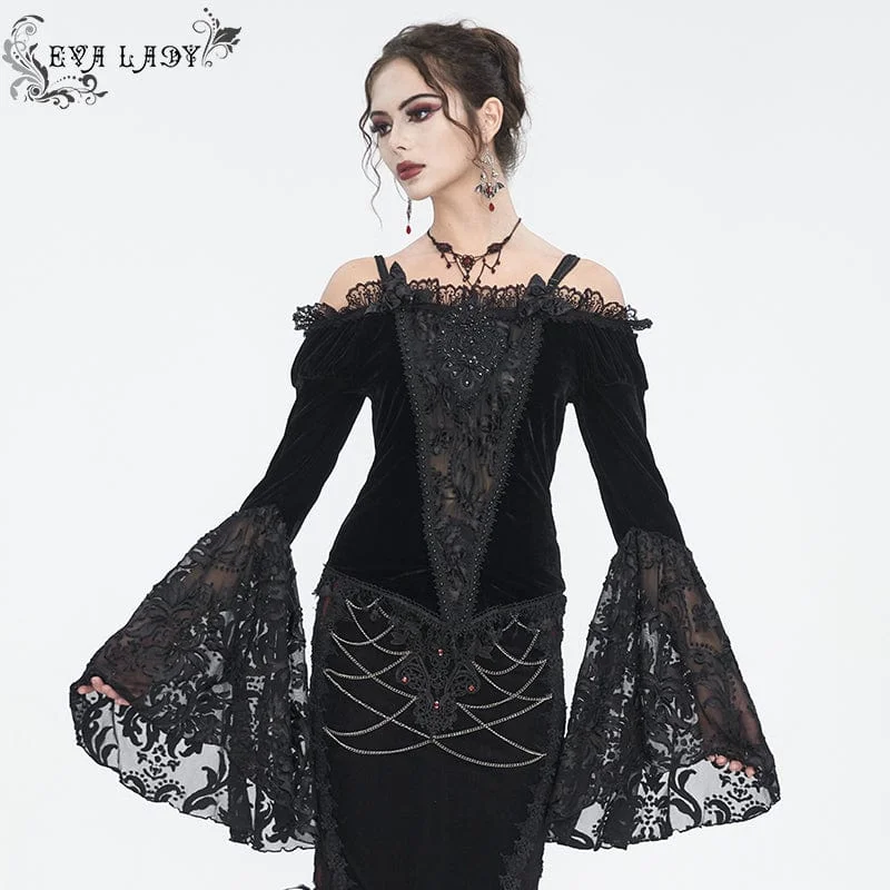  Earthy Women's Women's Gothic Off Shoulder Lace Splice Velvet Shirt Black