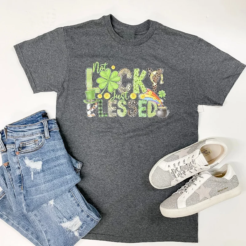  Stylish Women's NeonNot Lucky Just Blessed Short Sleeve Graphic Tee in Charcoal Grey