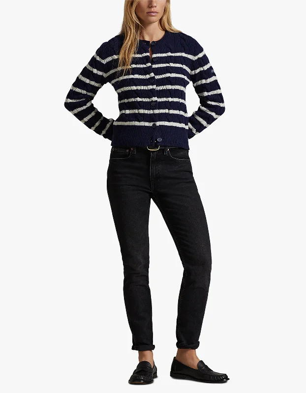  Tough Women's TacticalStriped Cable Wool Cashmere Cardigan - Hunter Navy/Authentic Cream