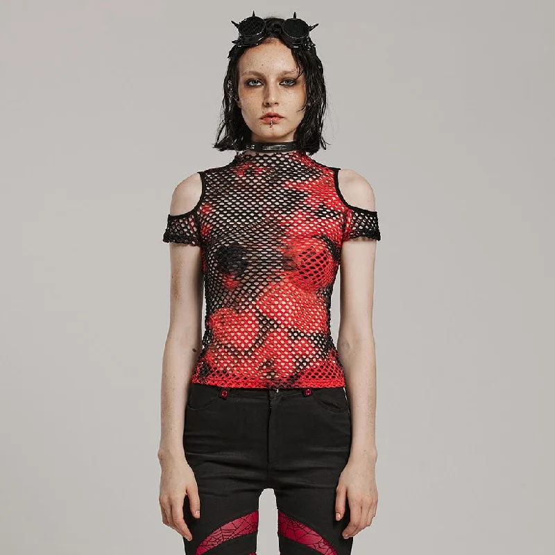  Artistic Women's Hand - paintedWomen's Punk Tie-dyed Cutout Mesh Top Black-Red