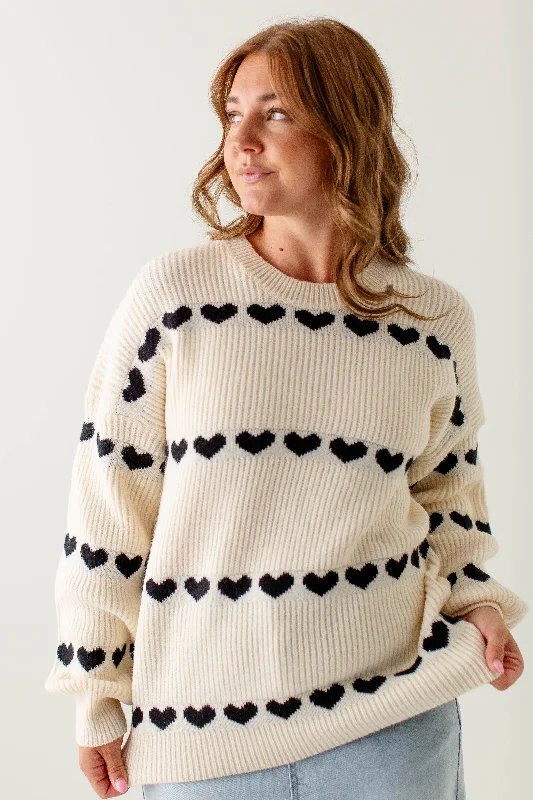  Casual Women's Loose - fitting'Valentina' Heart Pattern Ribbed Sweater in Cream