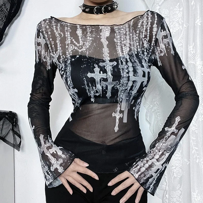  Laid - back Women's StyleWomen's Gothic Off-the-shoulder Cross Printed Mesh Shirt