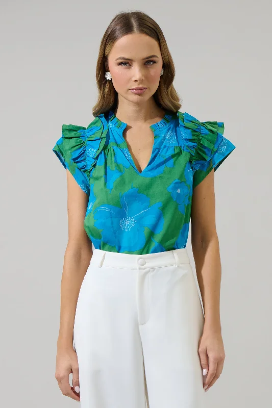  Stylish Women's NeonRori Floral Ramona Ruffle Split Neck Top