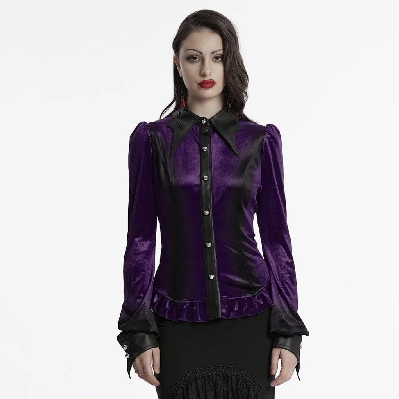  Elegant Women's Formal Women's Gothic Puff Sleeved Gradient Velvet Shirt Violet