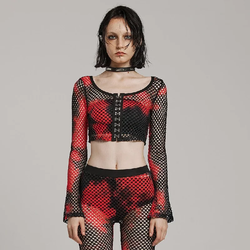  Practical Women's Multi - Women's Punk Mesh Tie-dyed Long Sleeved Crop Top Black-Red