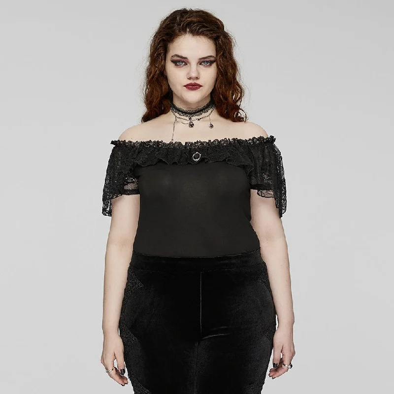  Sporty Women's Athleisure Women's Plus Size Gothic Off-the-shoulder Ruffled Lace Splice Top