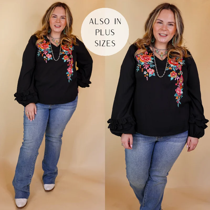  Cool Women's SkateVineyard Villa Floral Embroidered Top with Long Ruffle Sleeves in Black