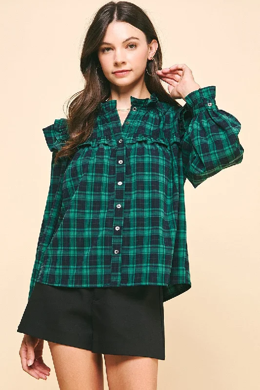  BusinessRUFFLED PLAID BLOUSE