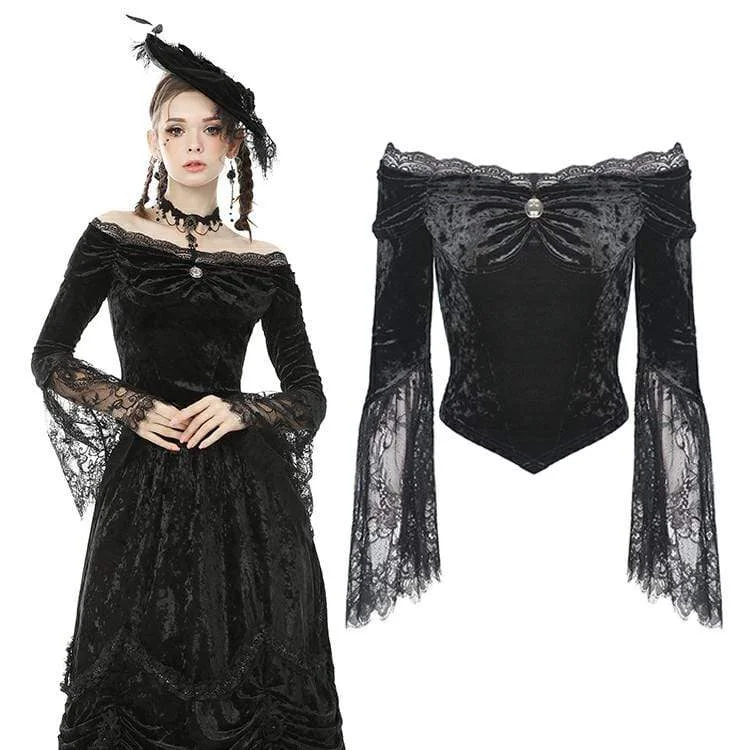  PatchworkWomen's Goth Off Shoulder Floral Lace Sleeve Velet Tops