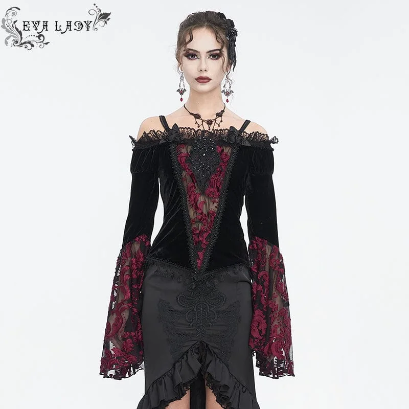  Australian BeachWomen's Gothic Off Shoulder Lace Splice Velvet Shirt Red