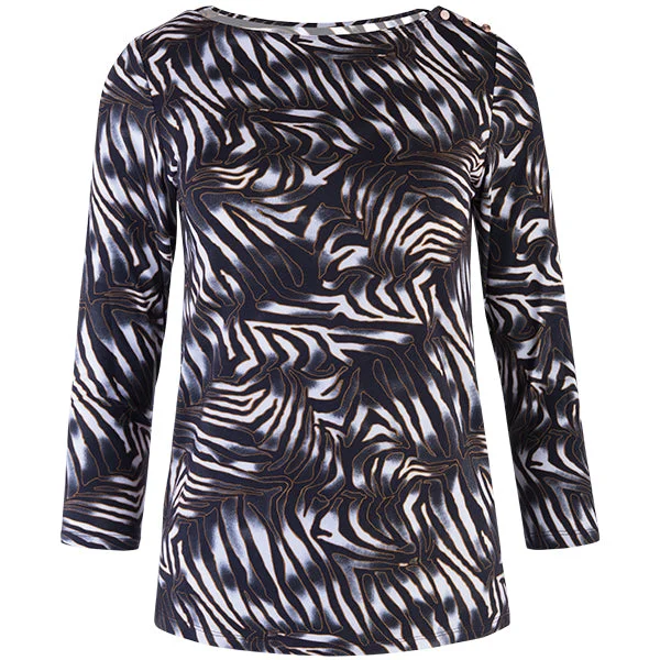  Feminine Women's Style Boatneck Button Trim Tee, 3/4 Sleeve in Nairobi Zebra