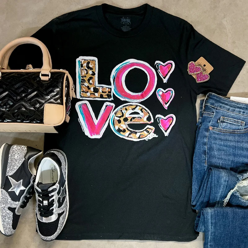  Laid - back Women's VibeLOVE Mix Print Letter Short Sleeve Graphic Tee in Black