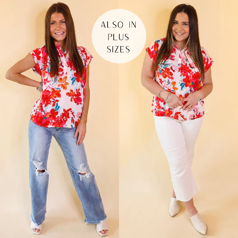  Classic Women's Pin - stripedSummer Lover Floral Half Button Up Top with Short Sleeves in Red Mix