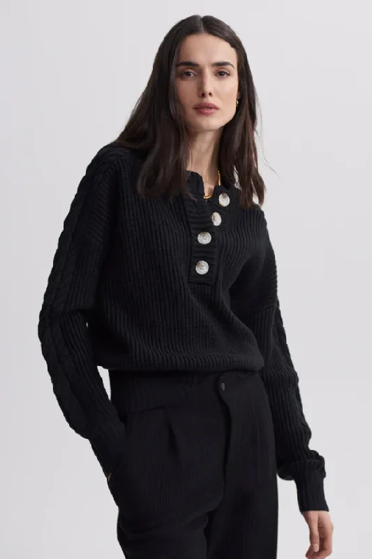  Unique Women's UpcycledVera Button Neck Sweater - Black