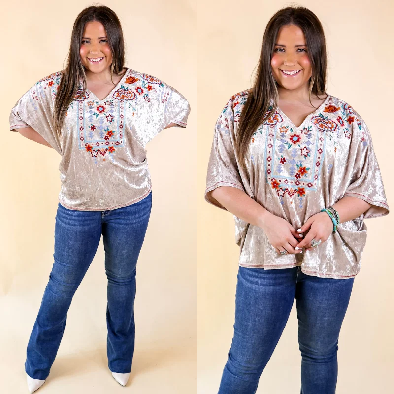  Earthy Women's Hemp - basedForever Wanted Floral Embroidered Velvet Poncho Top in Oyster