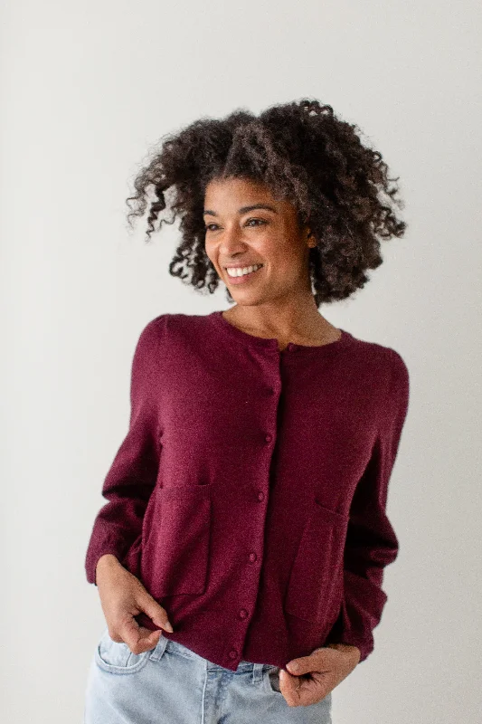  Cashmere'Caroll' Puff Sleeve Button Down Cardigan in Maroon