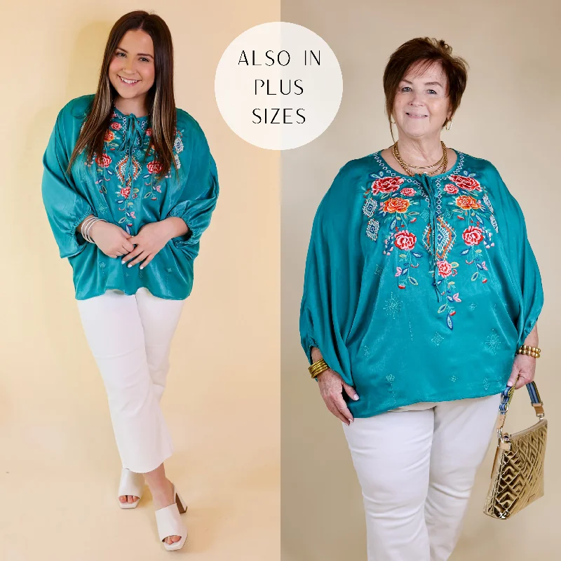  Cozy Women's Sherpa - linedNever Out Done Floral Embroidered Poncho Top with Front Keyhole in Teal