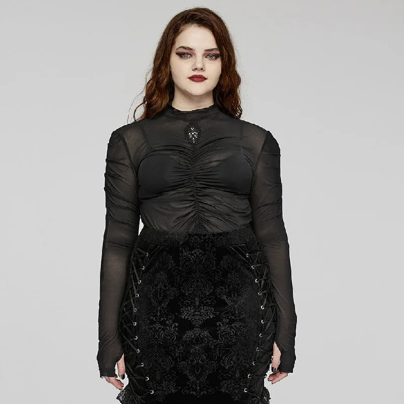  British Gentlewoman StyleWomen's Plus Size Gothic Floral Embroidered Pleated Mesh Shirt