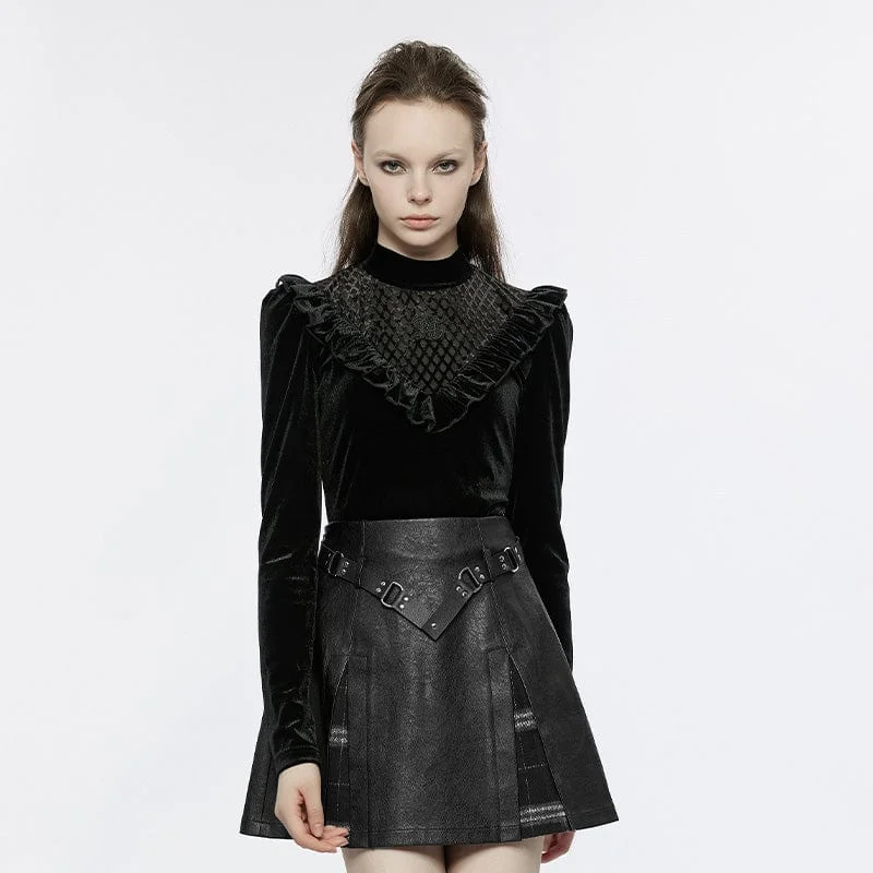  Refined Women's Women's Gothic Stand Collar Ruffled Velvet Shirt