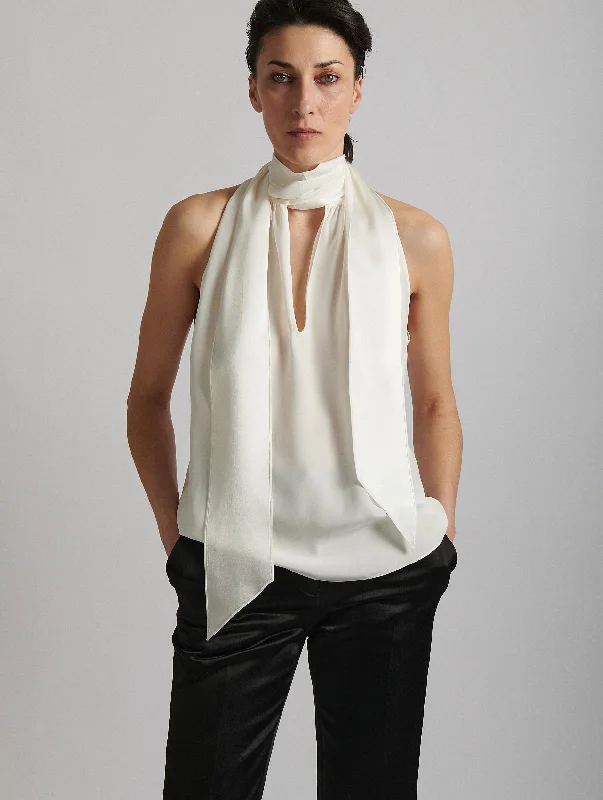  Polished Women's SilkSleeveless lavallière top in ivory silk crepe