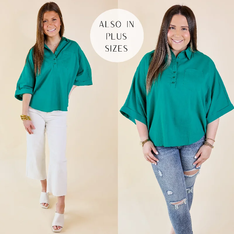  Cool Women's SkateSweet Surprise Half Button Up Poncho Top with Collared Neckline in Teal Green