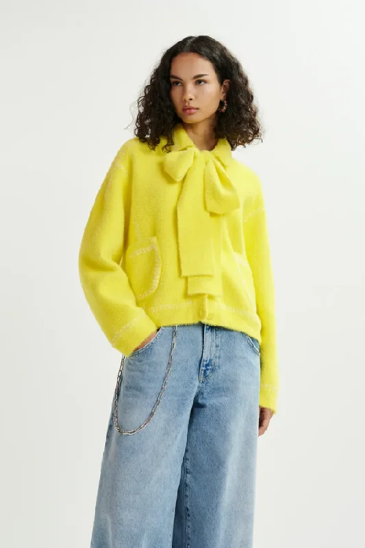  Cozy Women's WinterHoops Cardigan with Bow - Lemon Zest