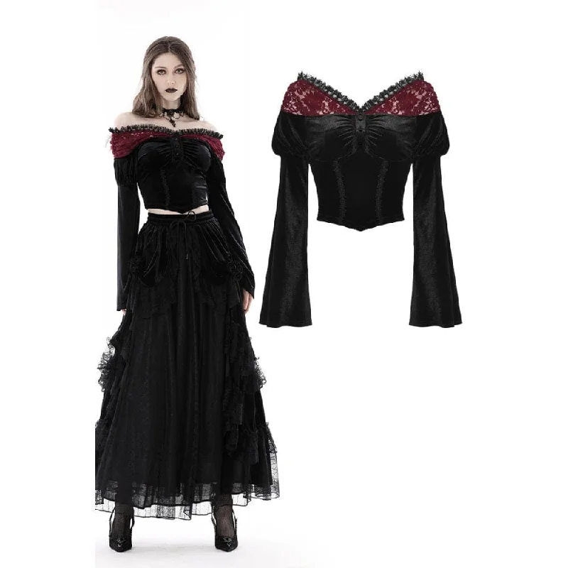  VacationWomen's Gothic Off Shoulder Lace Splice Velvet Crop Top