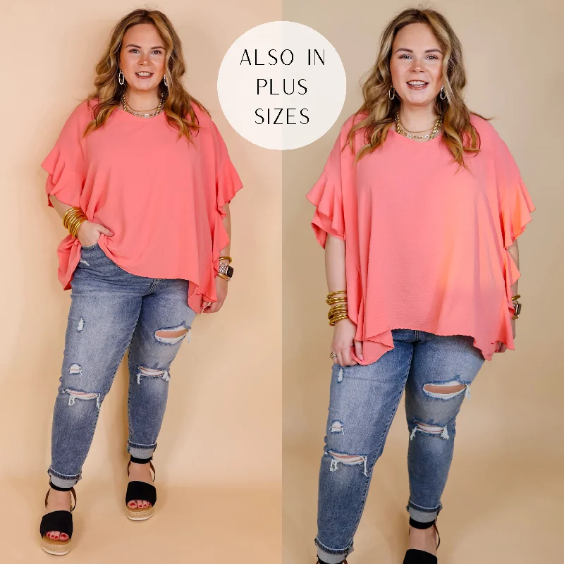  Dapper Women's 1920SSip of Spring Ruffle Sleeve Shift Top with V Neckline in Coral Orange