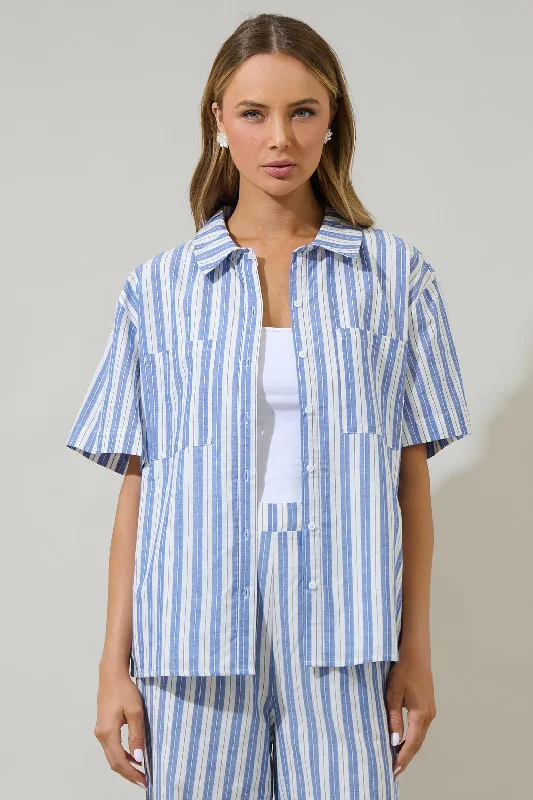  Cool Women's DistressedJoncy Striped Otto Short Sleeve Button Down Shirt