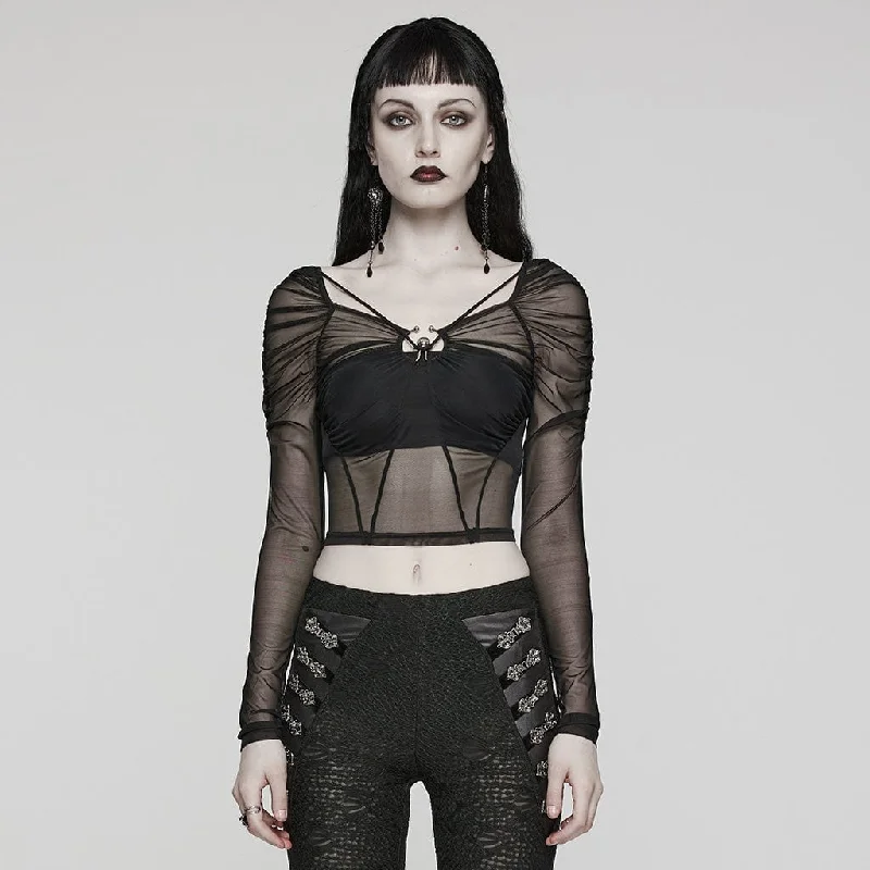  Laid - back Women's StyleWomen's Gothic Sheer Lace-Up Mesh Long Sleeved Crop Top