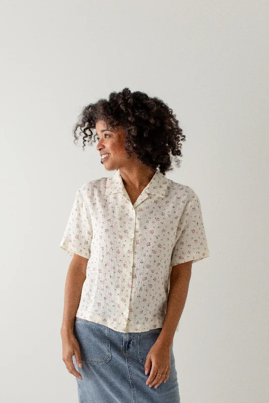  Cool Women's Skate'Amara' Cotton Gauze Button Down Rose Print Top in Cream