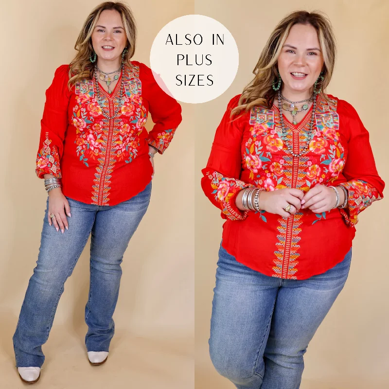  purposeBrunch With Me Long Sleeve Embroidered Top with V Neckline in Red