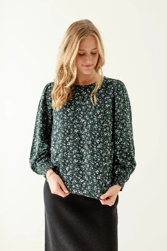  Refined Women's Hand - crafted'Glissando' Smocked Sleeve Ditsy Floral Top in Black