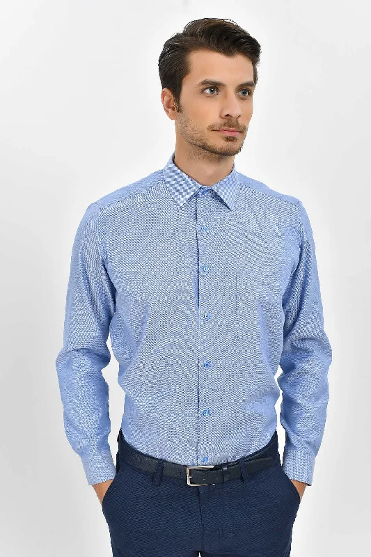 Classic Fit Long Sleeve Patterned Cotton Blend Dress Shirt, Dark Blue D.1