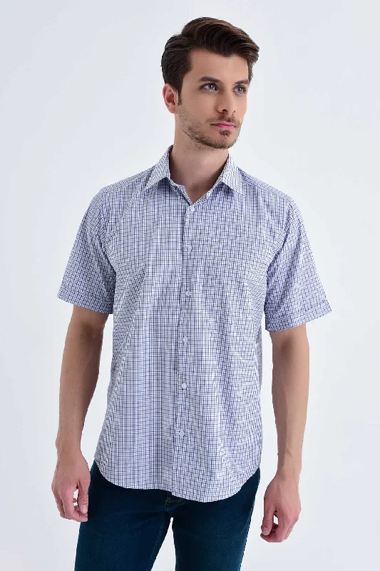 Classic Fit Short Sleeve Checked Cotton Blend Dress Shirt, Navy K.2