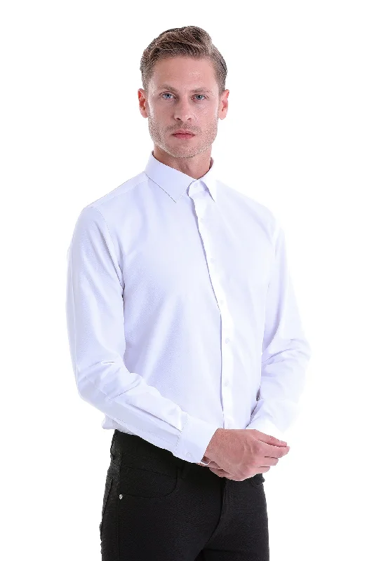 Comfort Fit Long Sleeve Patterned Cotton Blend Dress Shirt, White D.