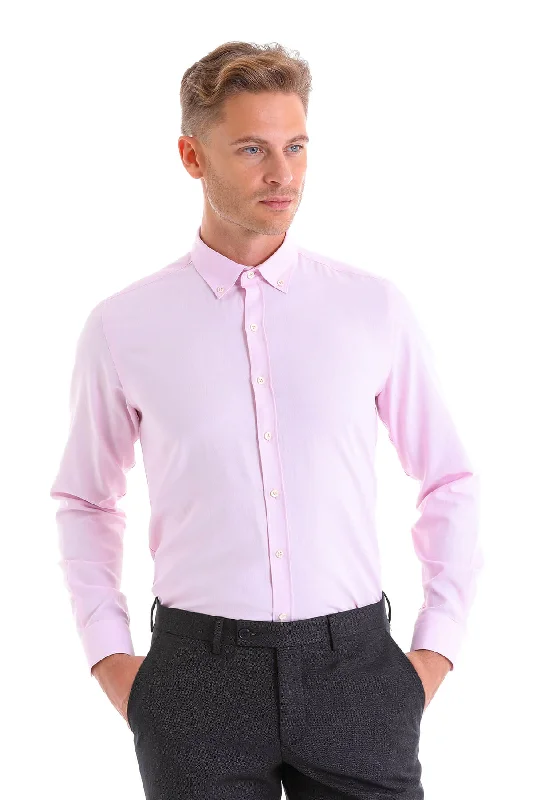 Comfort Fit Long Sleeve Plain Cotton Blend Casual Shirt, Pink