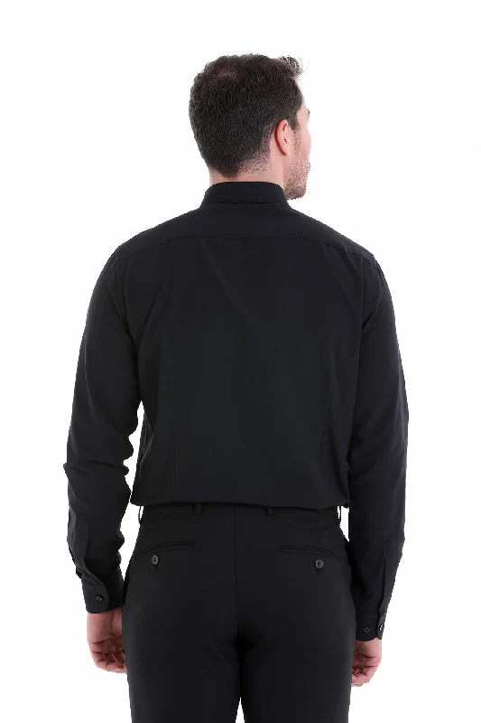 Comfort Fit Long Sleeve Plain Cotton Blend Dress Shirt, Black