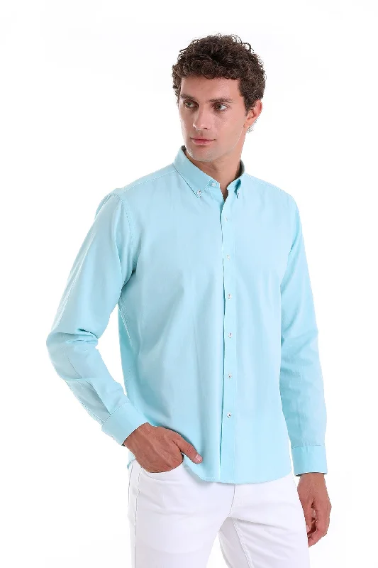 Comfort Fit Long Sleeve Plain Cotton Casual Shirt, Green Water