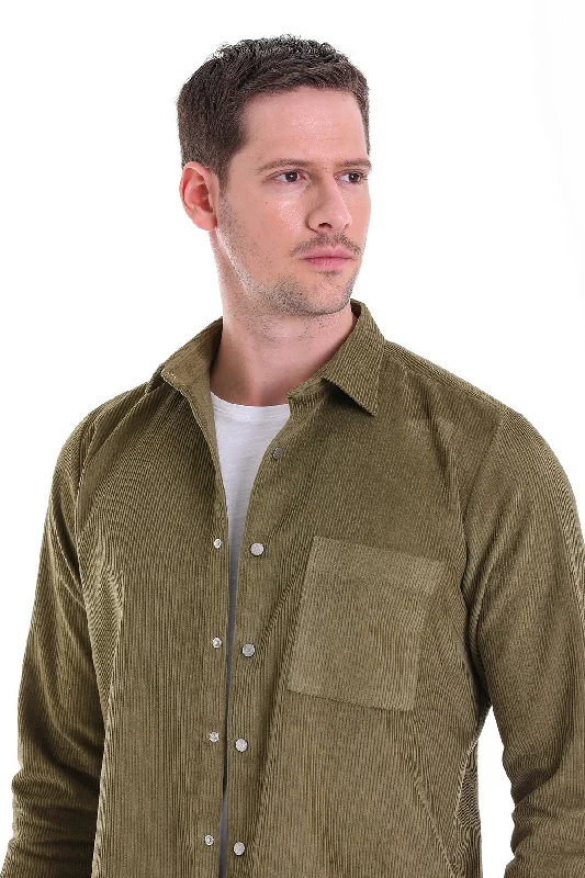 Comfort Fit Long Sleeve Plain Cotton Casual Shirt, Khaki