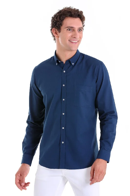 Comfort Fit Long Sleeve Plain Oxford Cotton Casual Shirt, Navy